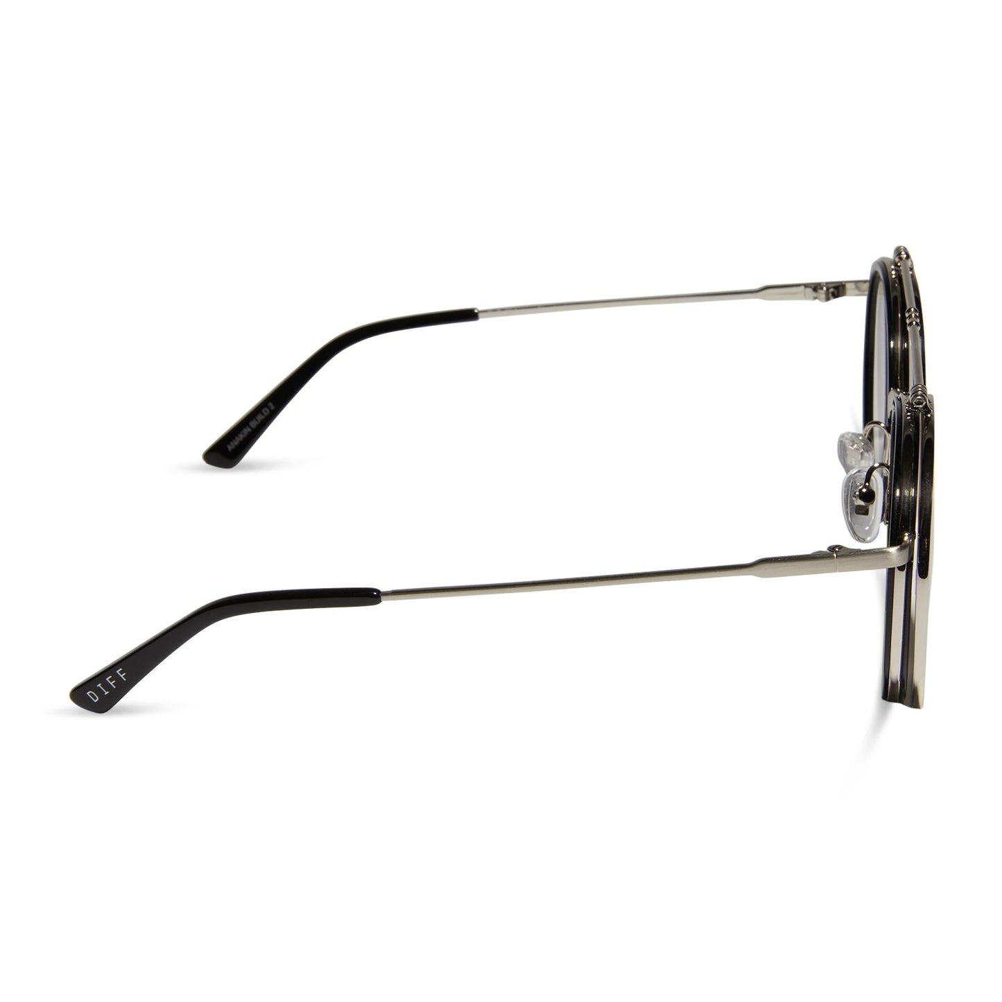 star wars x diff eyewear anakinâ„¢ï¸ podracerâ„¢ï¸ round sunglasses with a galactic brushed silver metal frame and space gray polarized lenses side view