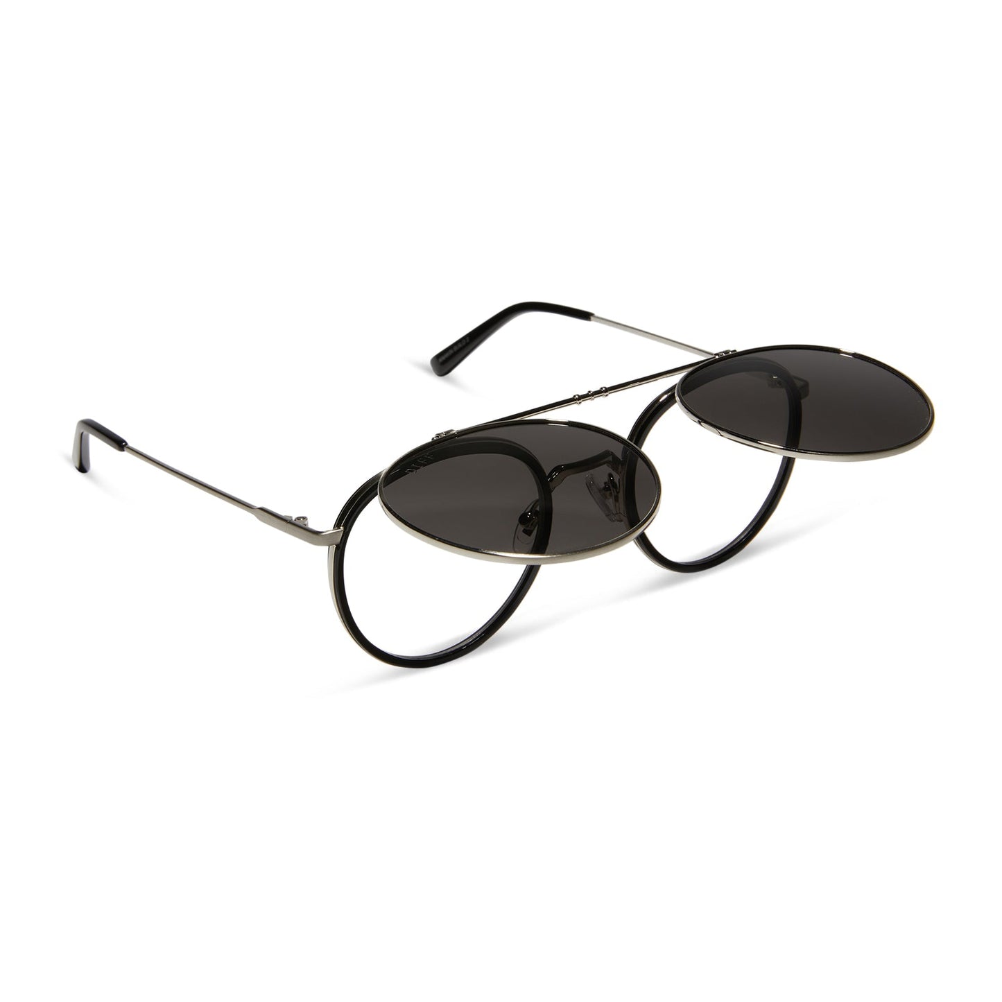 star wars x diff eyewear anakinâ„¢ï¸ podracerâ„¢ï¸ round sunglasses with a galactic brushed silver metal frame and space gray polarized lenses angled view with semi lifted lenses