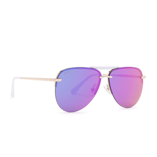 Tahoe sunglasses with gold frames and purple mirror lens angle view