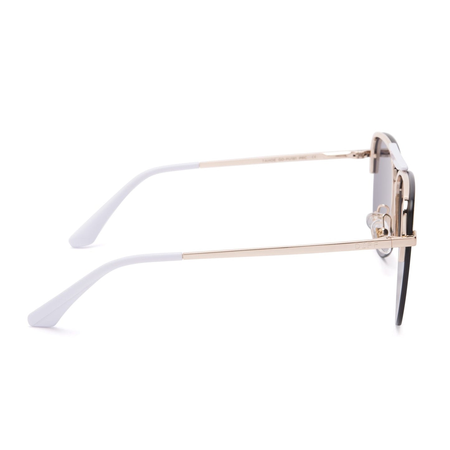 Tahoe sunglasses with gold frames and purple mirror lens side view