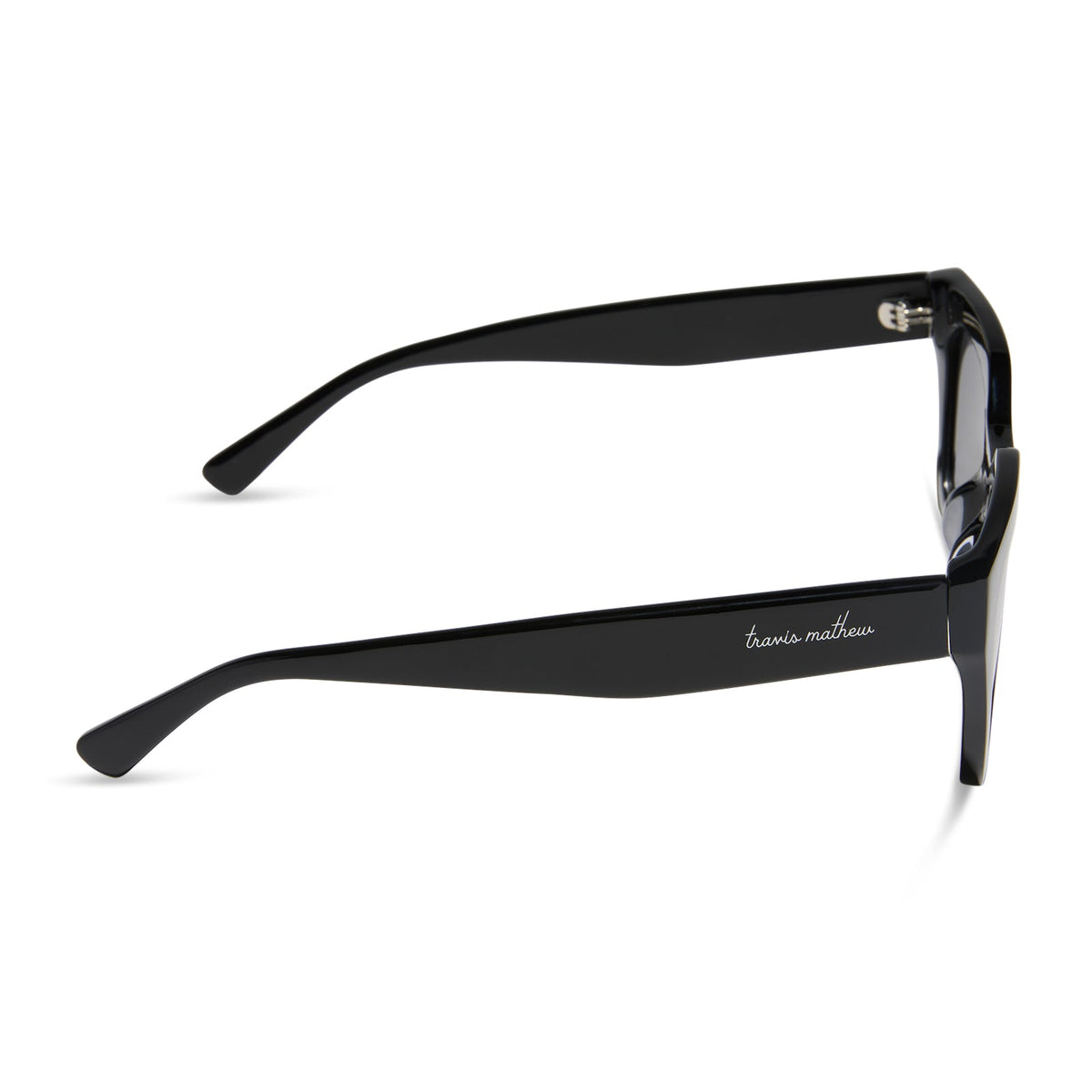 travis mathews x diff eyewear featuring the solana cat eye sunglasses with a black acetate frame and grey polarized lenses side view