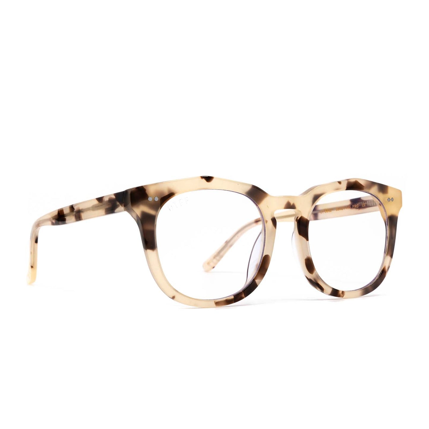 diff eyewear weston round glasses with a cream tortoise acetate frame and blue light technology lenses angled view