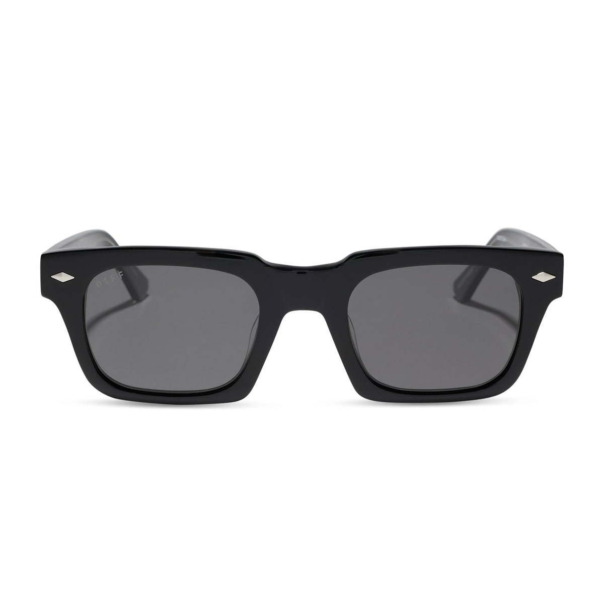 yellowstone x diff eyewear featuring the kayce dutton square sunglasses with a classic black acetate frame and grey polarized lenses front view