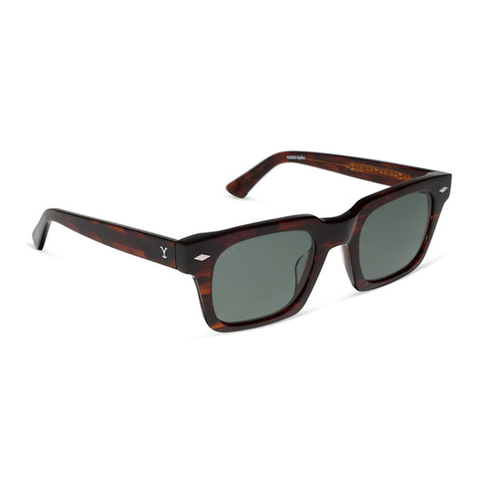 yellowstone x diff eyewear featuring the kayce dutton square sunglasses with a western sequoia acetate frame and green g15 polarized lenses angled view