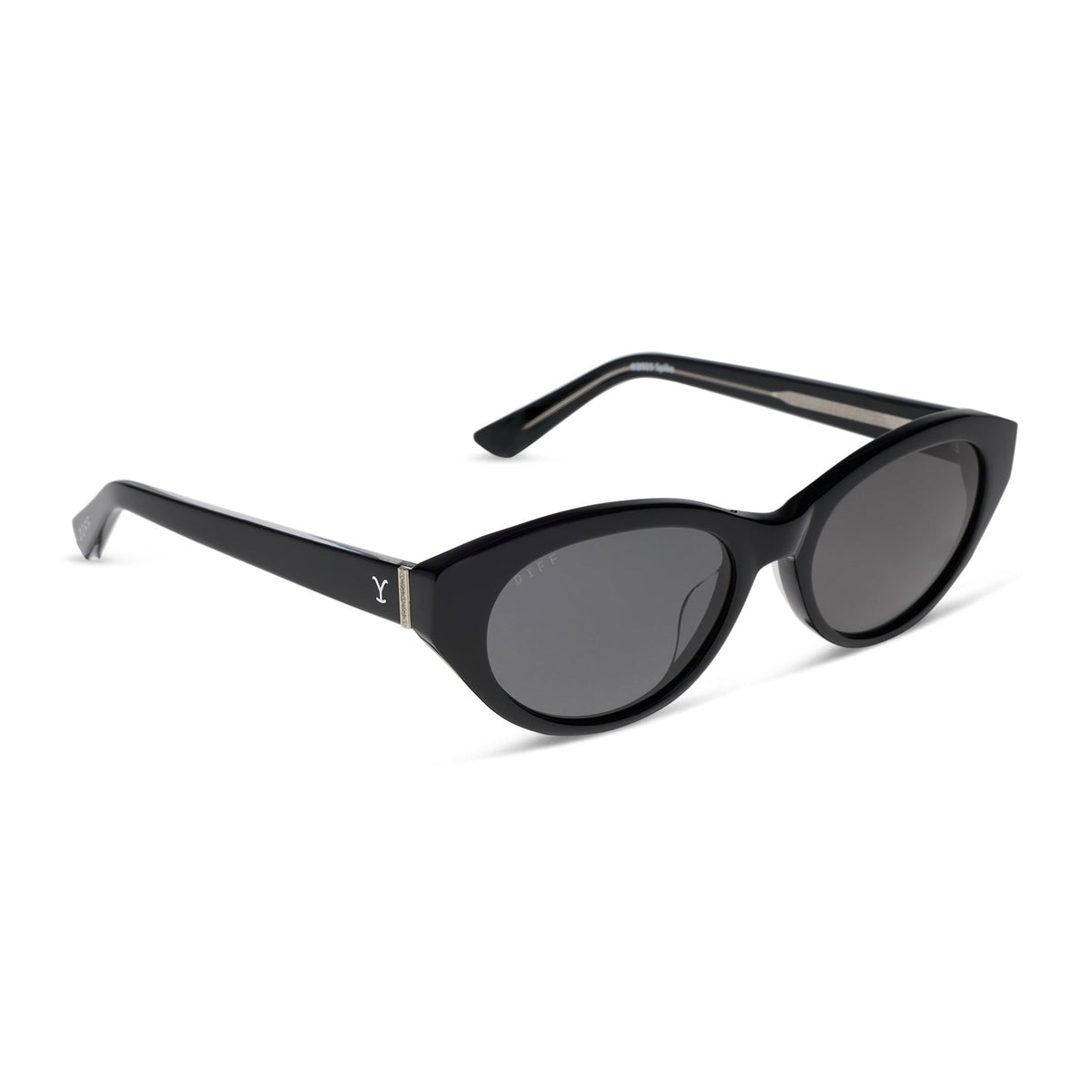 yellowstone x diff eyewear featuring the teeter round sunglasses with a classic black acetate frame and grey polarized lenses angled view