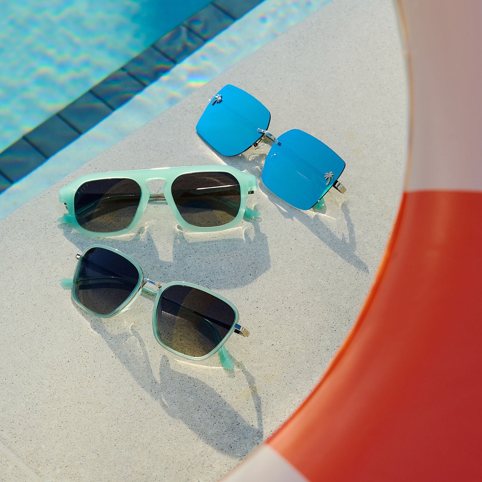still life - group shot of jena sims bronco blue sunglasses with the styles rookie, sims, and hope