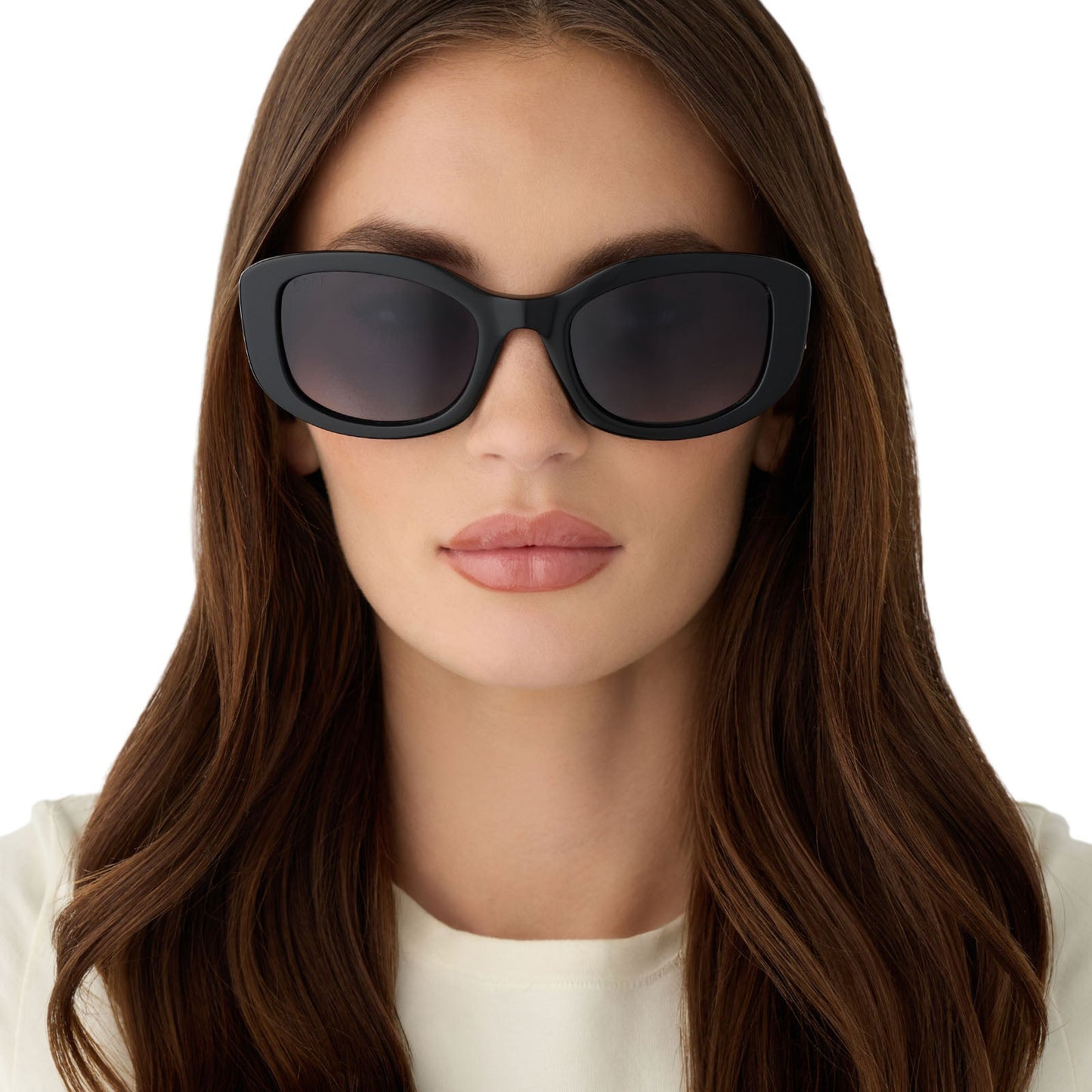 on model - female wearing the devil wears prada x diff eyewear featuring the miranda square oversized sunglasses with a black acetate frame and grey gradient polarized lenses front view