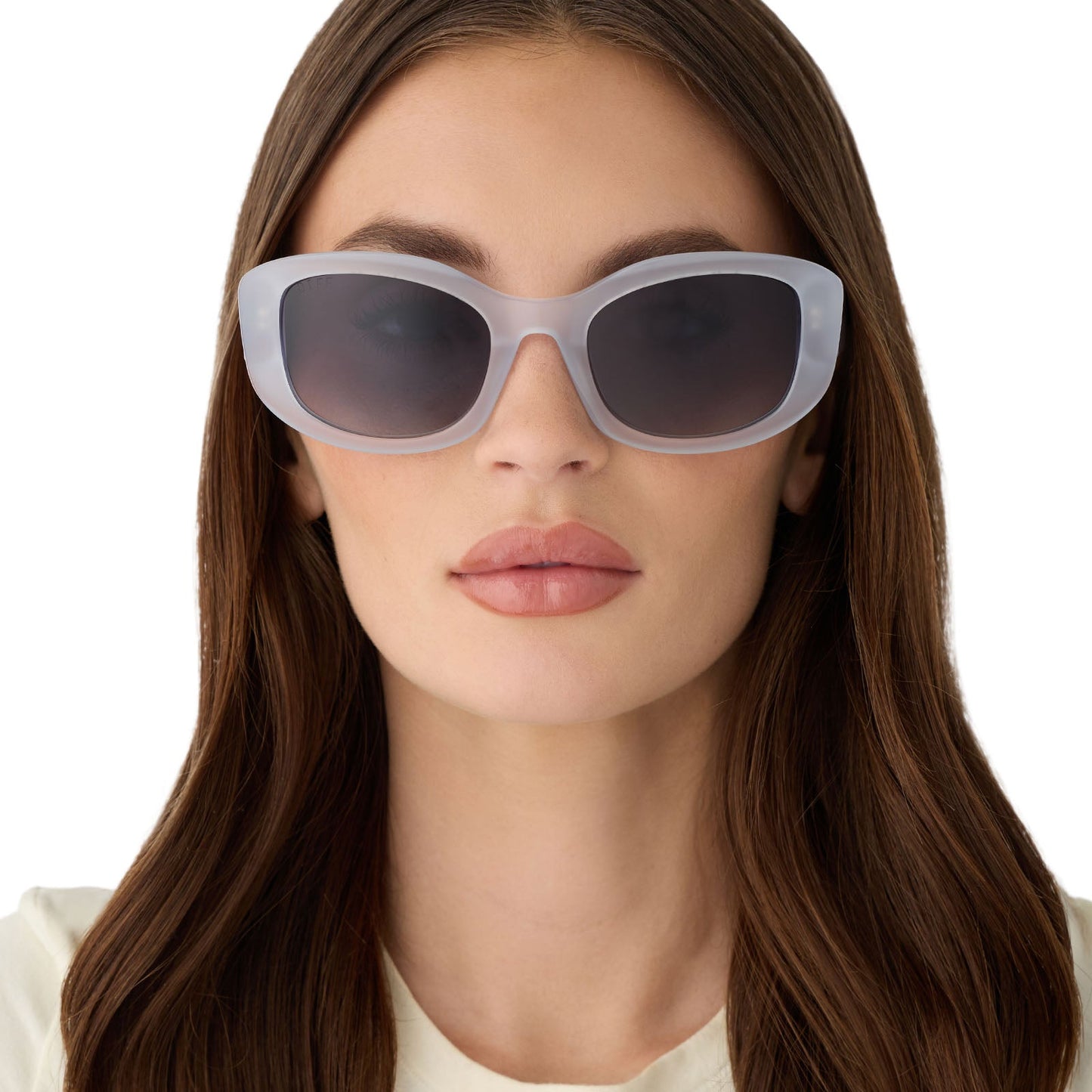 on model - female wearing the devil wears prada x diff eyewear featuring the miranda square oversized sunglasses with a milky white acetate frame and grey gradient polarized lenses front view