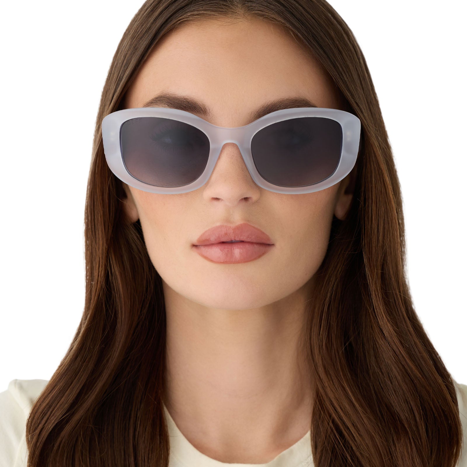 on model - female wearing the devil wears prada x diff eyewear featuring the miranda square oversized sunglasses with a milky white acetate frame and grey gradient polarized lenses front view