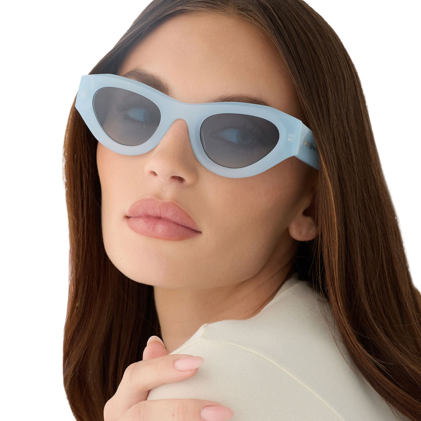on model - female wearing for love and lemons x diff eyewear featuring the lucy cat eye sunglasses with a pastel blue frame and blue gradient polarized lenses front view