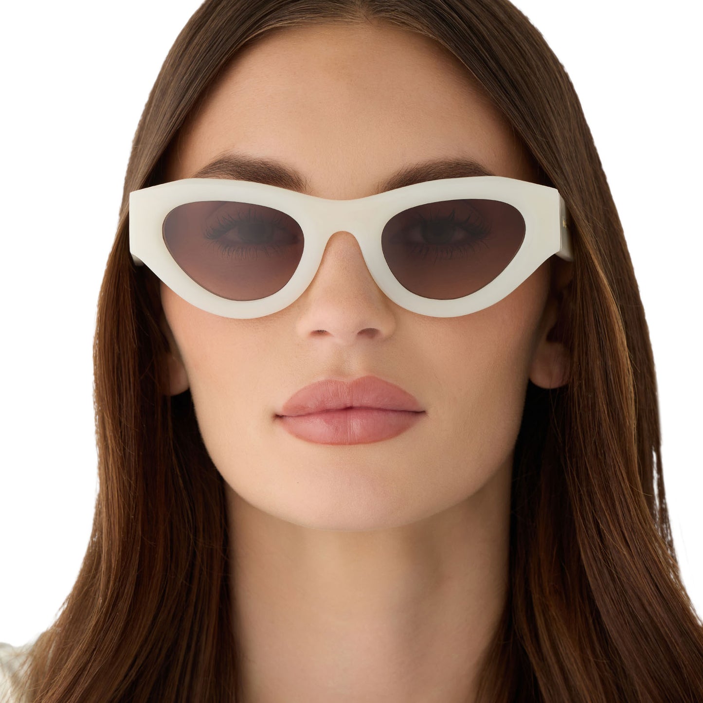 on model - female wearing for love and lemons x diff eyewear featuring the lucy cat eye sunglasses with a meringue cream frame and brown gradient lenses front view
