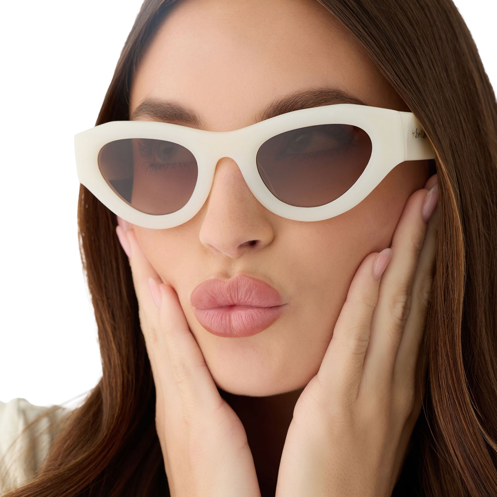 on model - female wearing for love and lemons x diff eyewear featuring the lucy cat eye sunglasses with a meringue cream frame and brown gradient lenses close up view