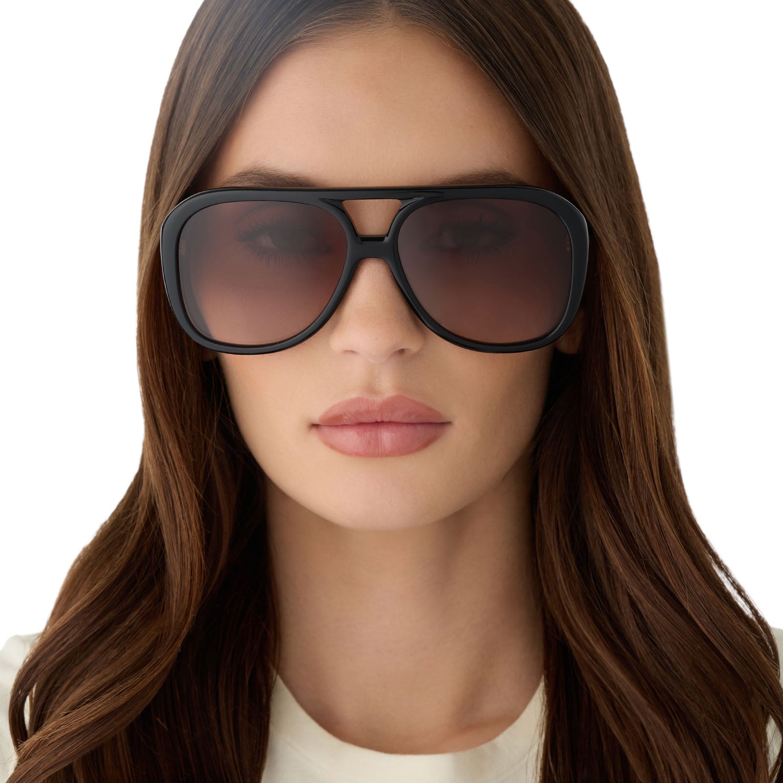 on model - female wearing for love and lemons x diff eyewear featuring the pauline aviator sunglasses with a black frame and brown gradient lenses front view