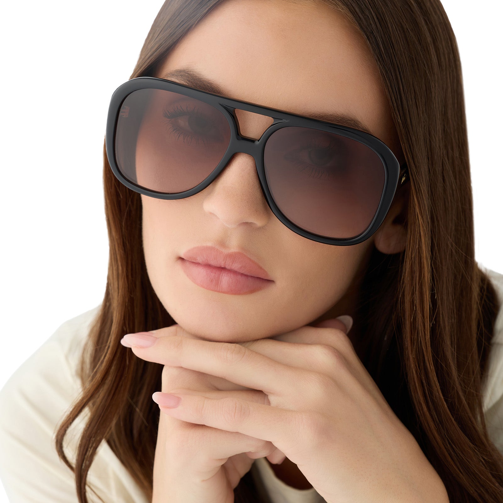 on model - female wearing for love and lemons x diff eyewear featuring the pauline aviator sunglasses with a black frame and brown gradient lenses front view