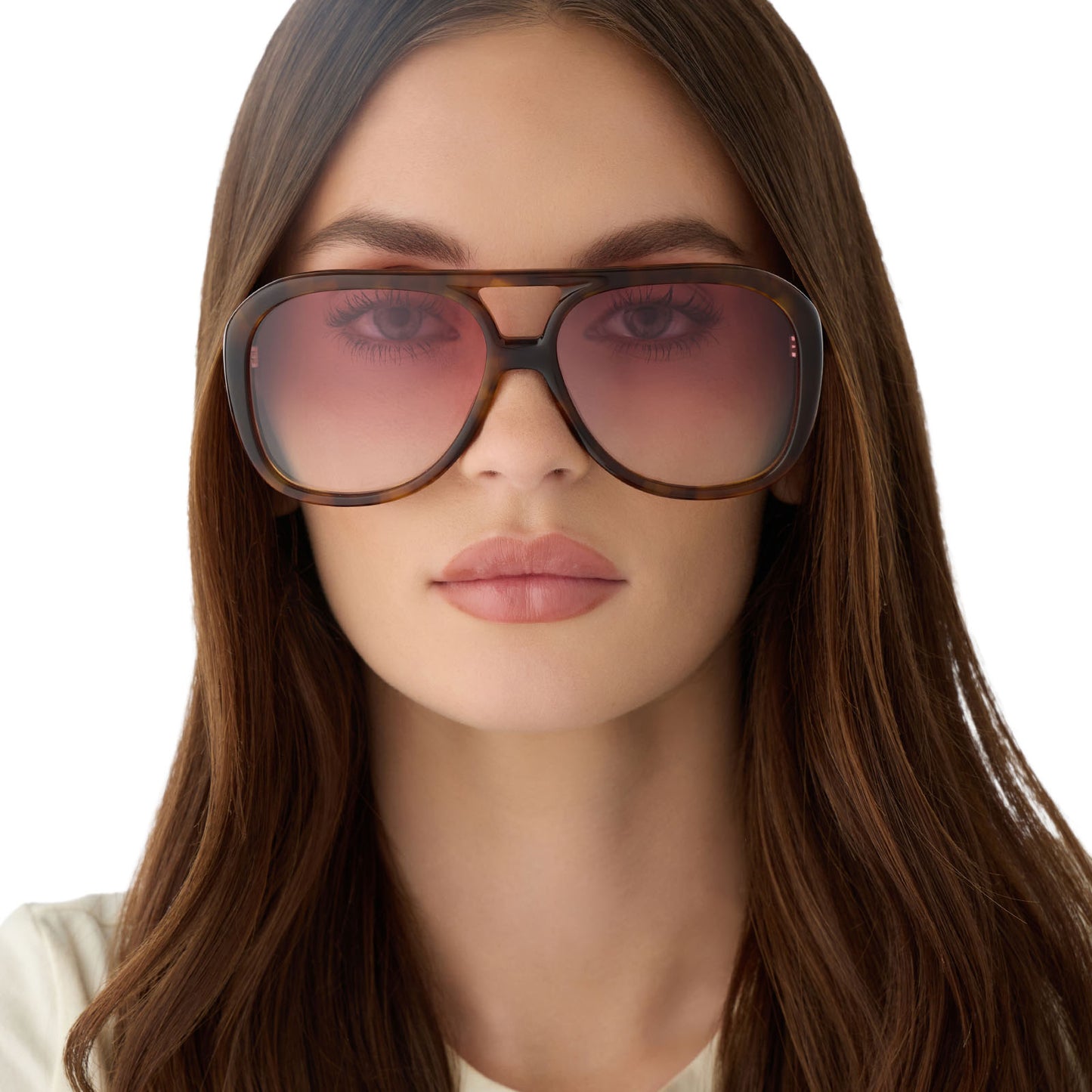 on model - female wearing for love and lemons x diff eyewear featuring the pauline aviator sunglasses with a honey tortoise frame and rose gradient lenses front view