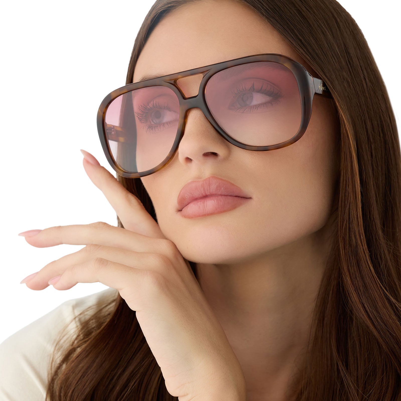 on model - female wearing for love and lemons x diff eyewear featuring the pauline aviator sunglasses with a honey tortoise frame and rose gradient lenses front view