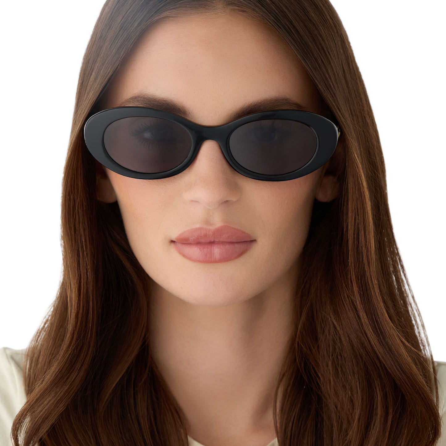 on model - female wearing for love and lemons x diff eyewear featuring the sabrina oval sunglasses with a black frame and grey polarized lenses front view