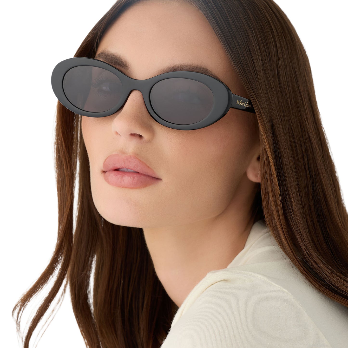 on model - female wearing for love and lemons x diff eyewear featuring the sabrina oval sunglasses with a black frame and grey polarized lenses front view