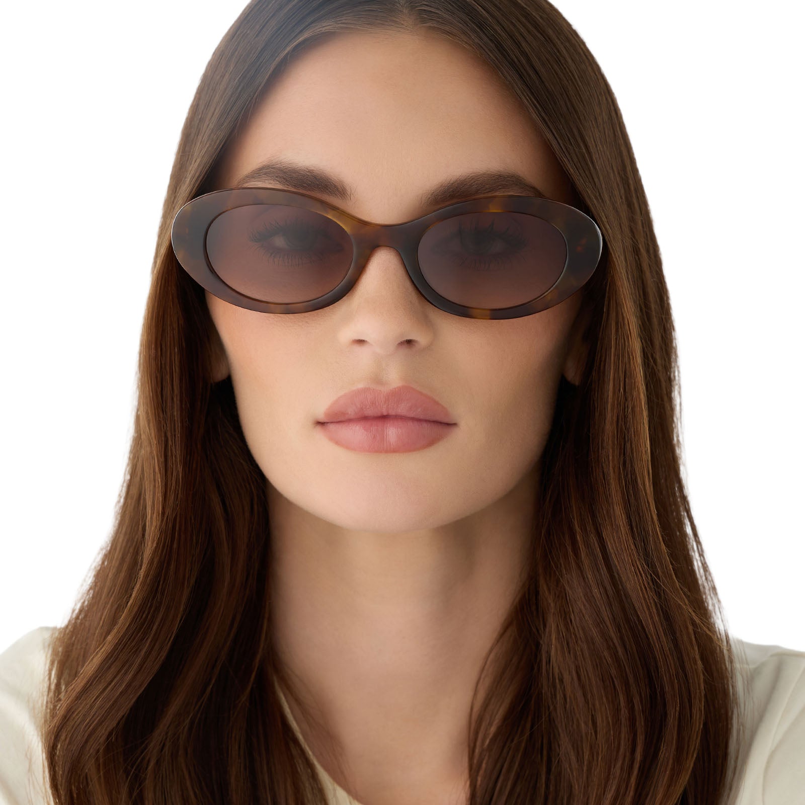 on model - female wearing for love and lemons x diff eyewear featuring the sabrina oval sunglasses with a honey tortoise frame and brown gradient lenses front view