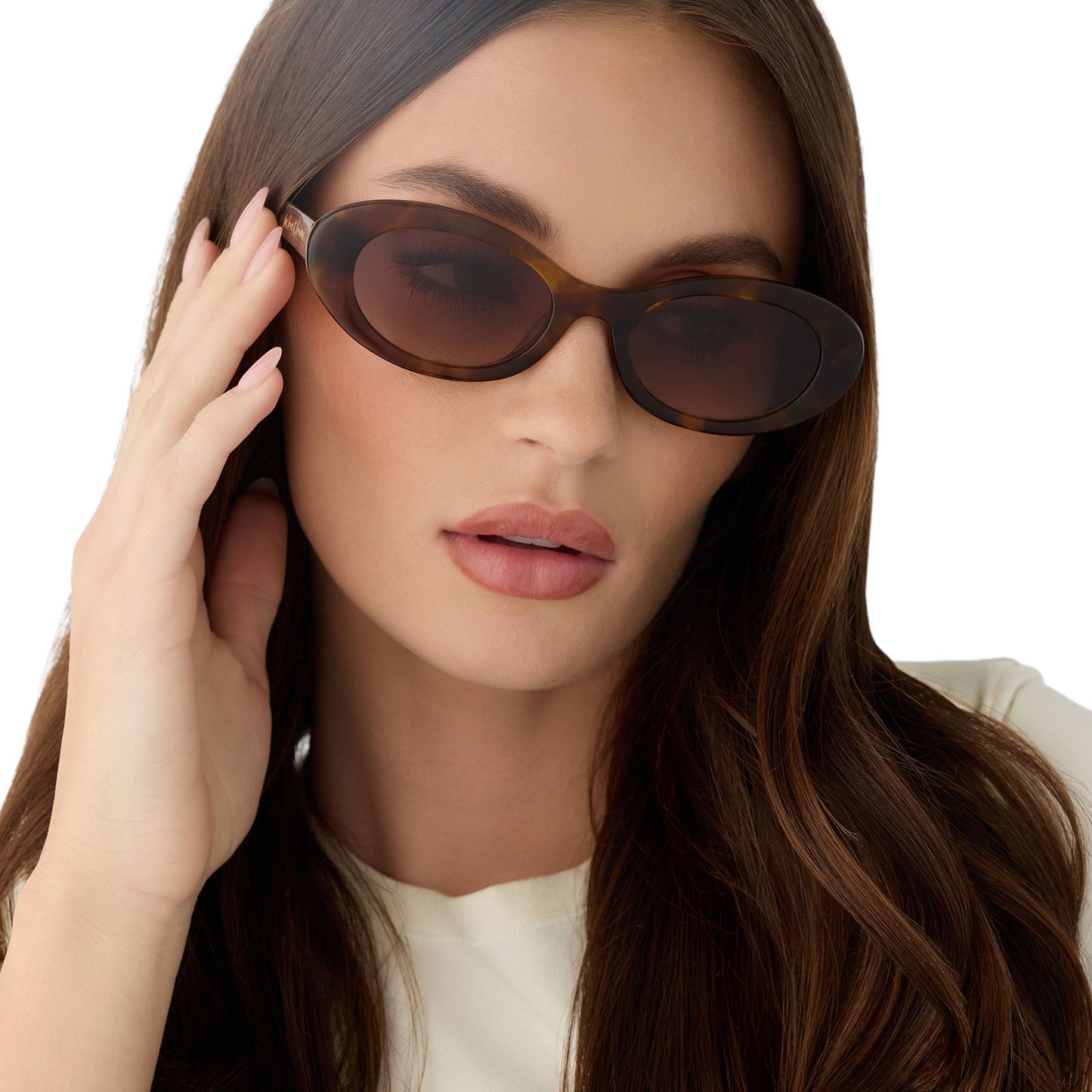 on model - female wearing for love and lemons x diff eyewear featuring the sabrina oval sunglasses with a honey tortoise frame and brown gradient lenses front view