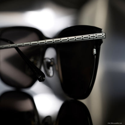 still life - star wars x diff eyewear the mando 3.0 square sunglasses with a silver acetate frame and grey with silver flash lenses detailed view of temple