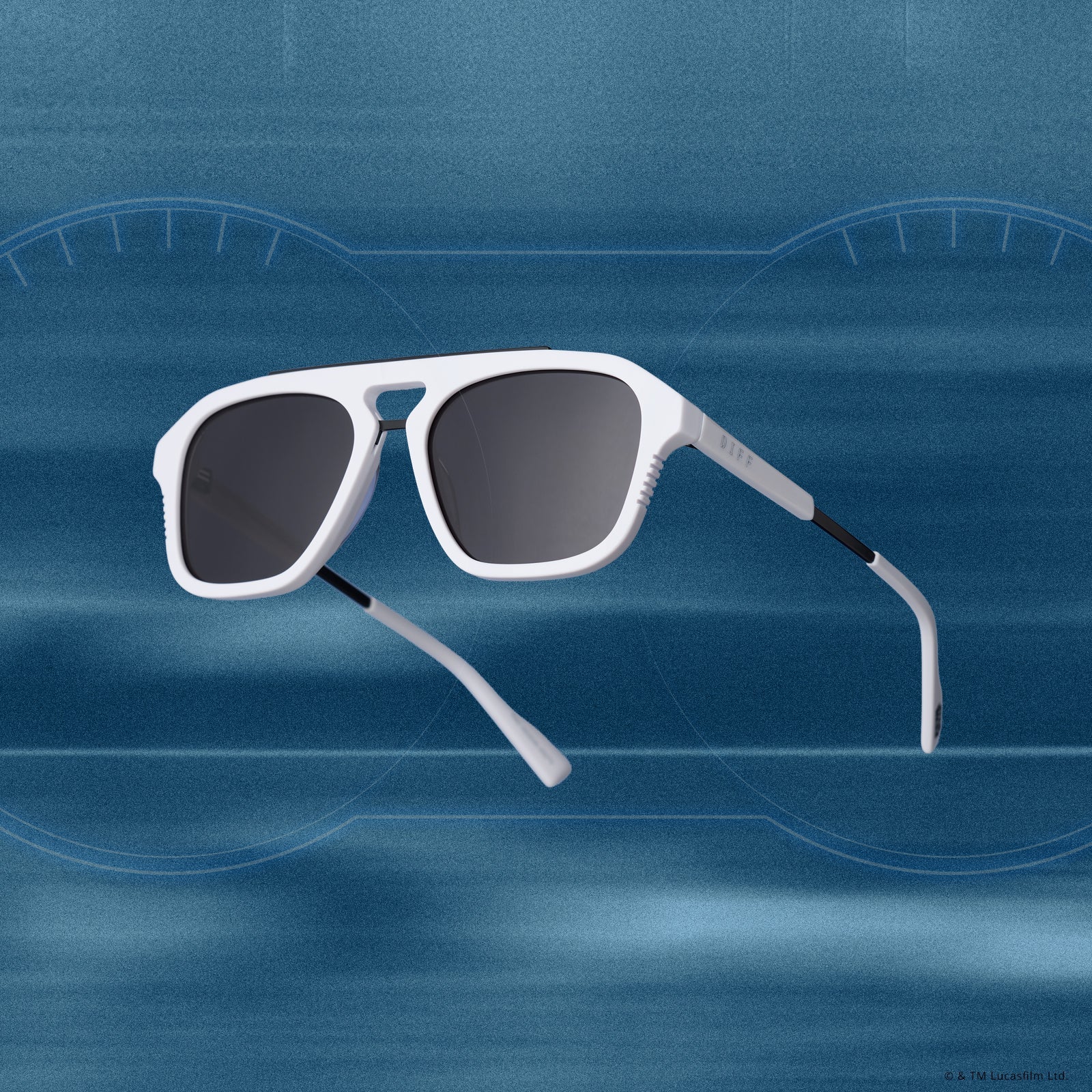 still life - star wars x diff eyewear the stormtrooper 3.0 navigator sunglasses with a white acetate frame and grey polarized lenses angled view