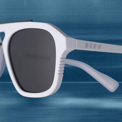 still life - star wars x diff eyewear the stormtrooper 3.0 navigator sunglasses with a white acetate frame and grey polarized lenses detailed view