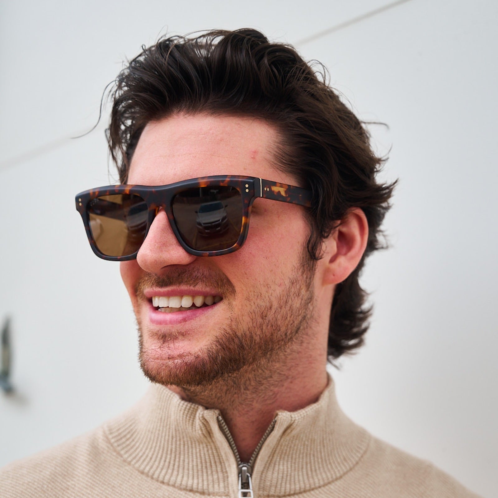 lifestyle - tylerhayek wearing diff eyewear sammy square sunglasses with a rich tortoise matte acetate frame and brown polarized lenses front view