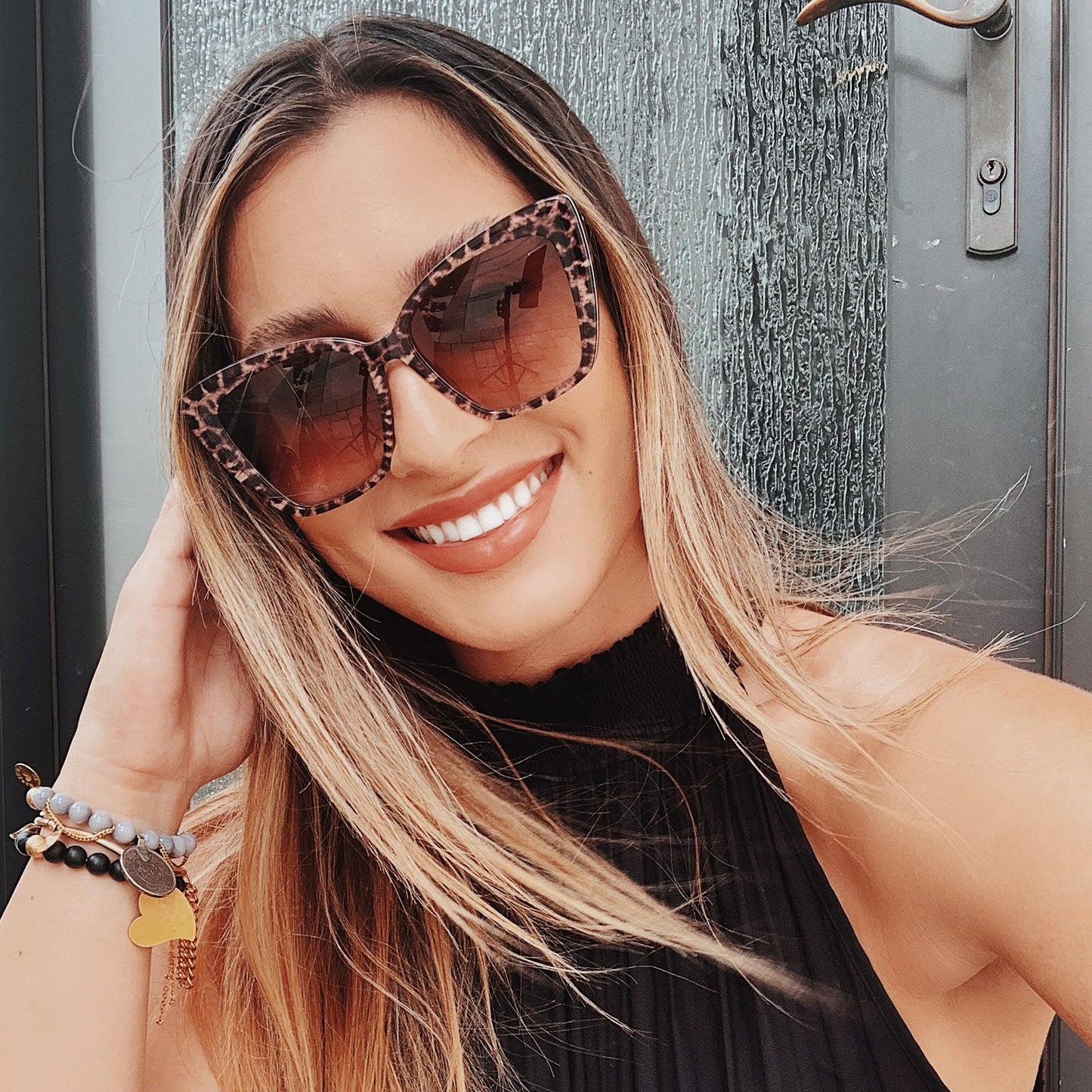 lifestyle - Shelli wearing the becky ii leopard tortoise and brown gradient