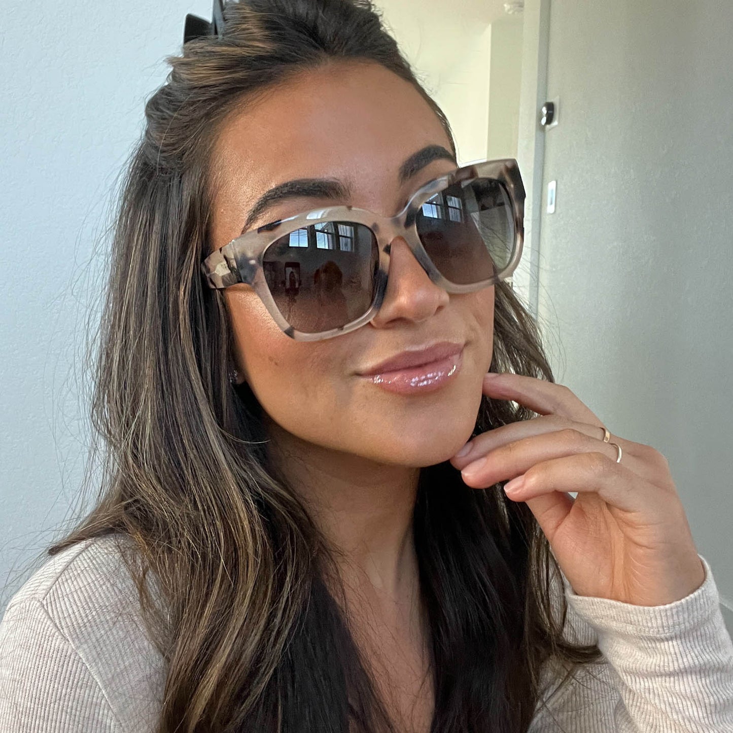 customer content - madisonquinnblog wearing the bella ii cream tortoise and grey gradient