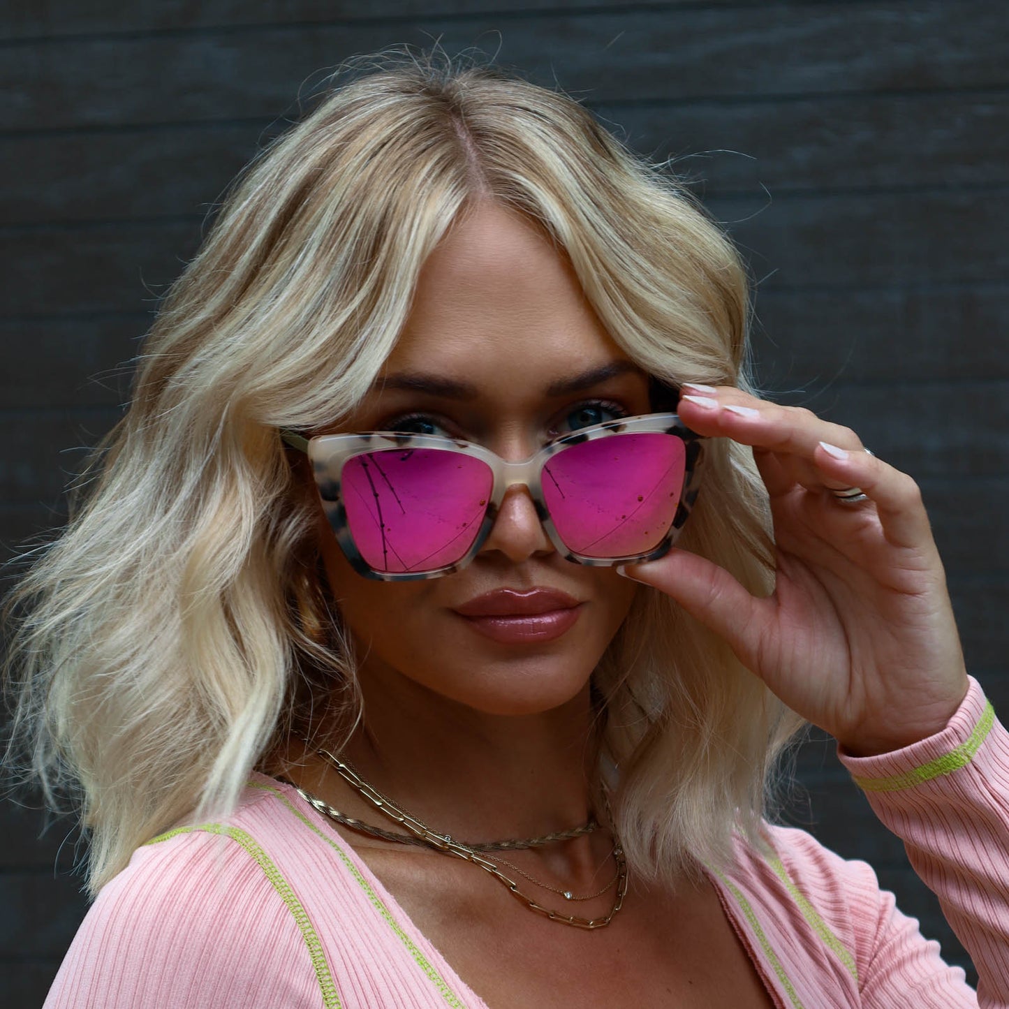 customer content - minimally_her wearing the Becky II Cream Tortoise and Pink Mirror womens cat eye sunglasses from DIFF Eyewear