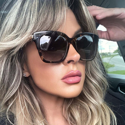 customer content - female blonde wearing diff eyewear bella square sunglasses with espresso tortoise frame and grey gradient polarized lenses