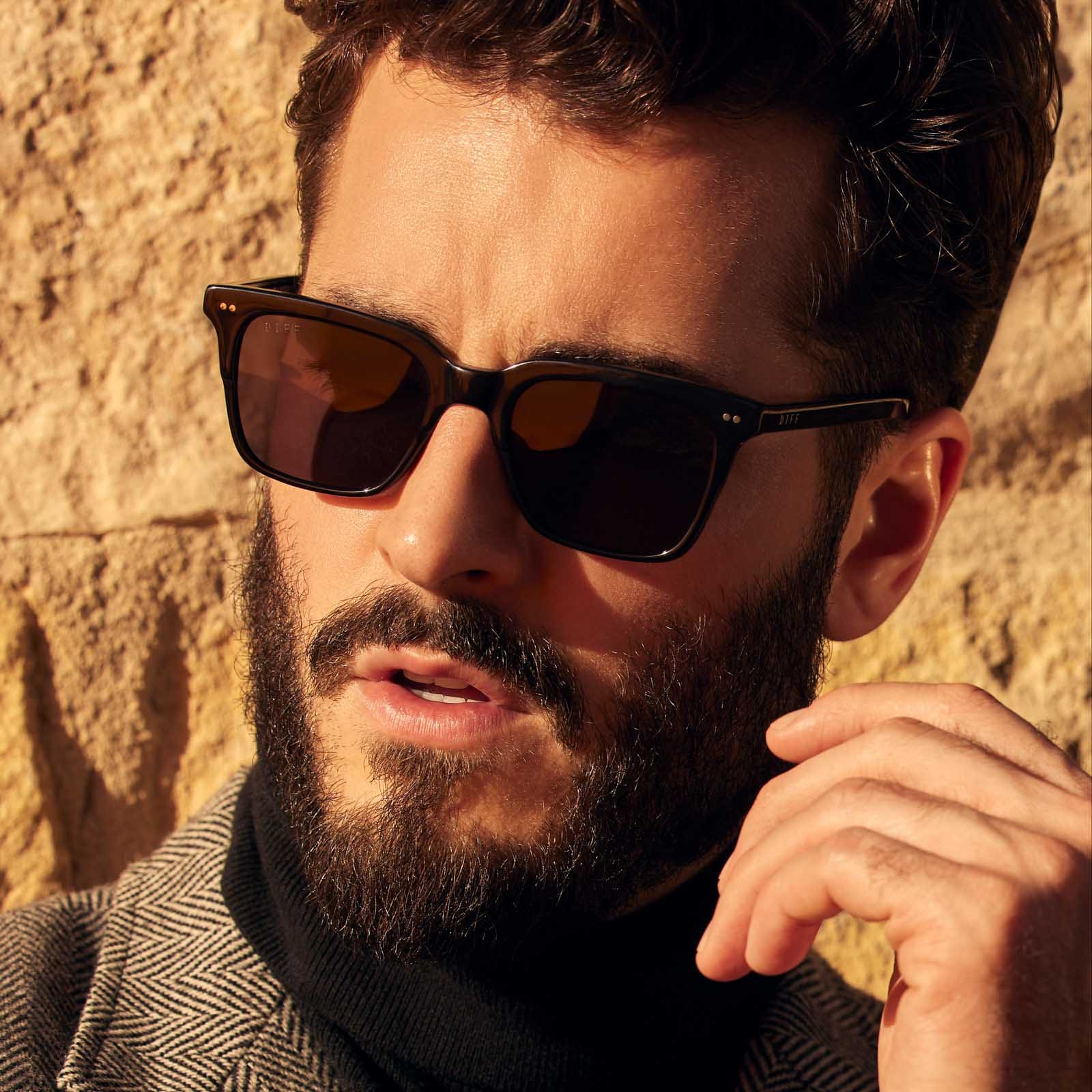 on model - male wearing billie square sunglasses with a black acetate frame and grey polarized lenses