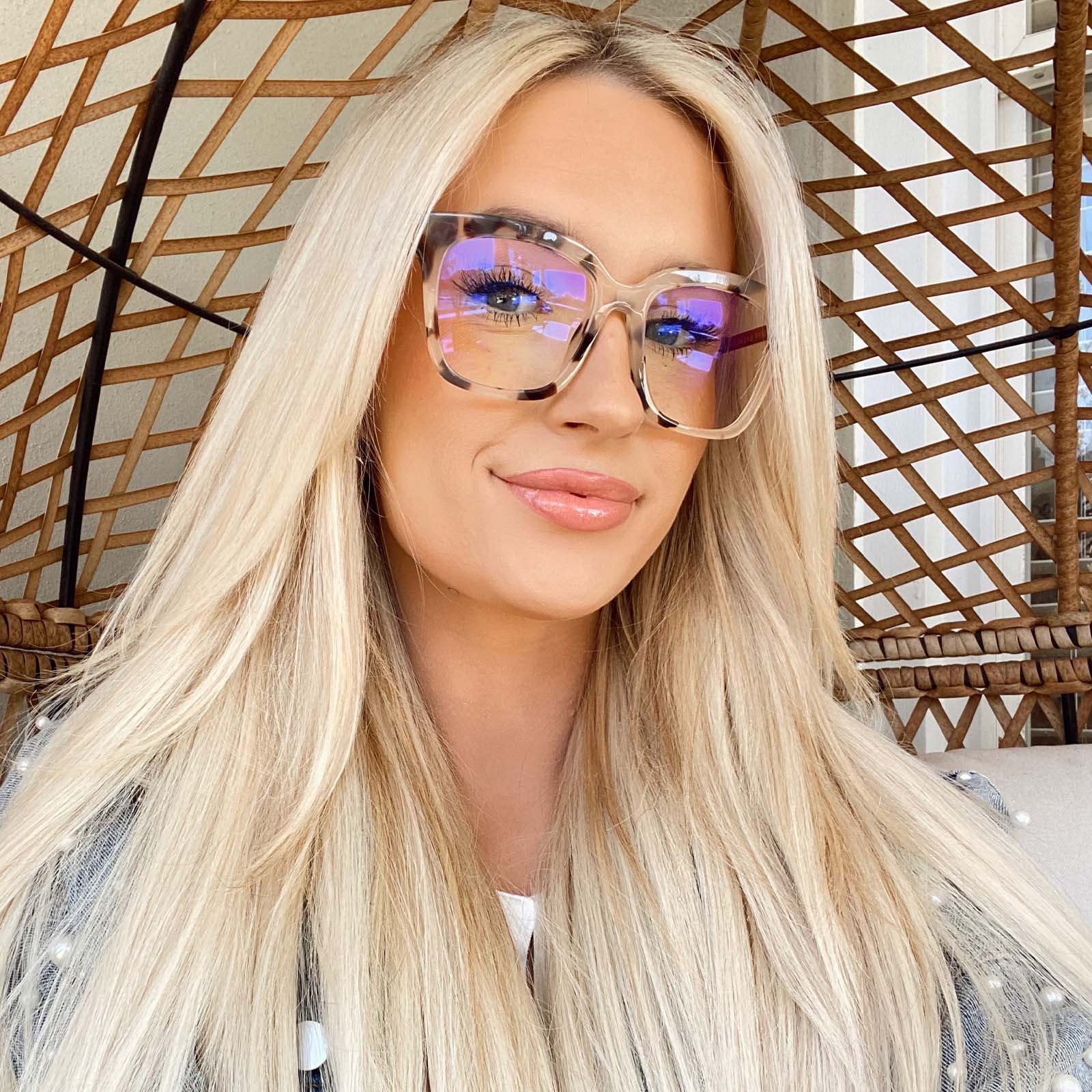 customer content - blonde female wearing Bella eyeglasses with cream tortoise frames with blue light technology lens 