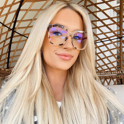 customer content - blonde female wearing Bella eyeglasses with cream tortoise frames with blue light technology lens 