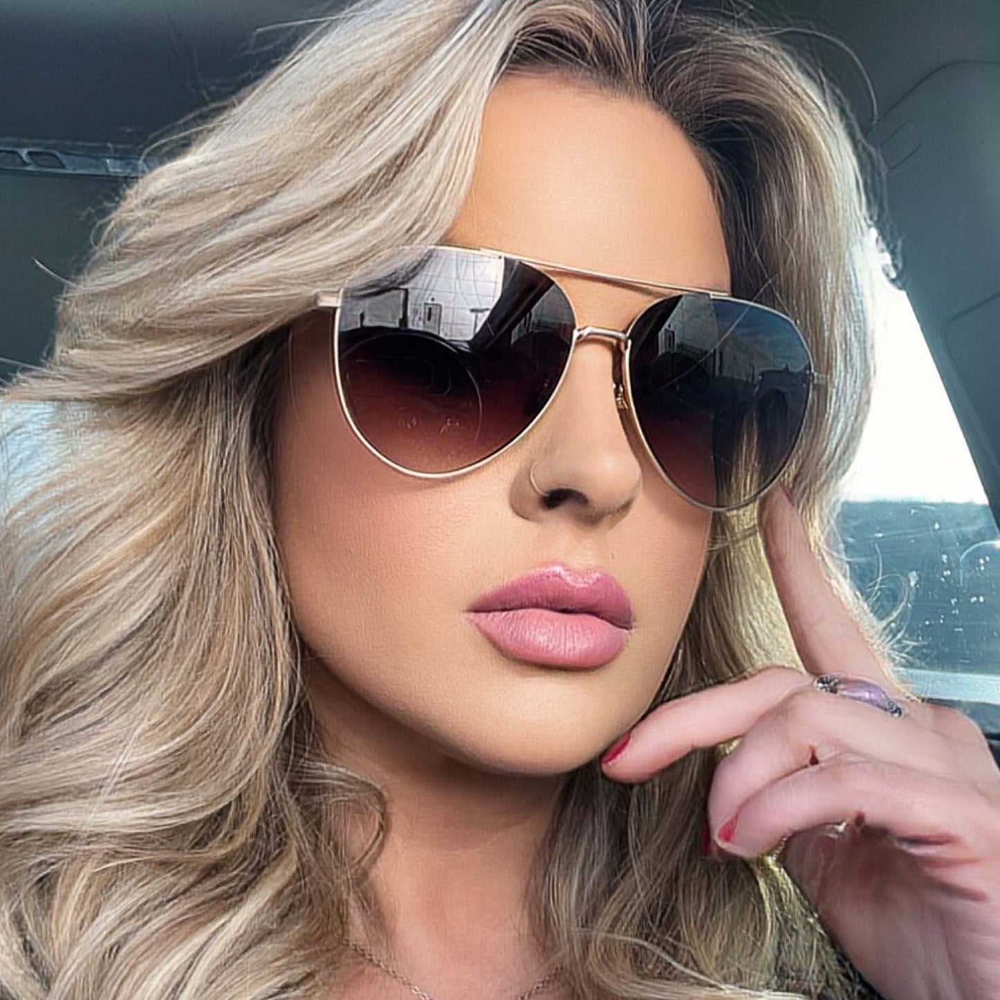 customer content - blonde female wearing Dash Brushed Gold Coffee Gradient Sunglasses