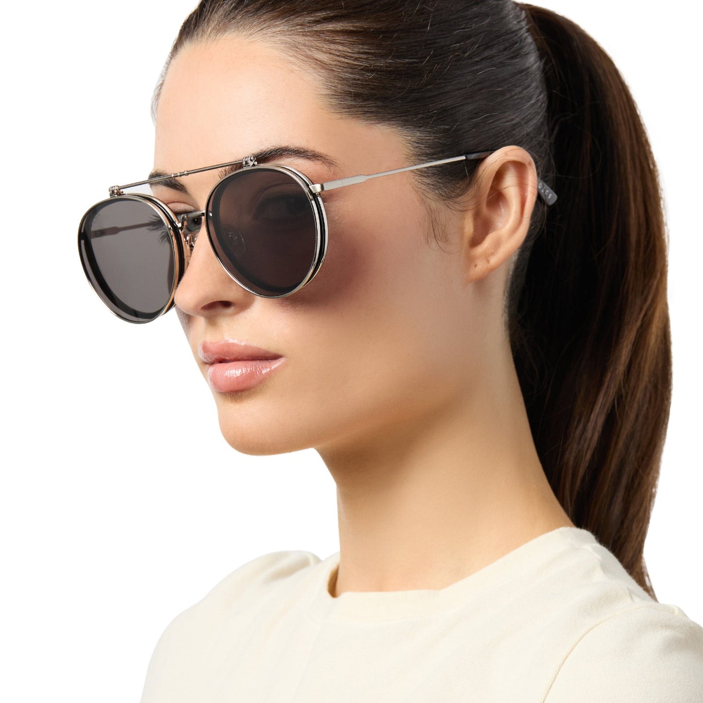 on model - female wearing lifestyle - featuring star wars x diff eyewear the anakin podracer sunglasses with galactic brushed silver and space grey polarized lenses