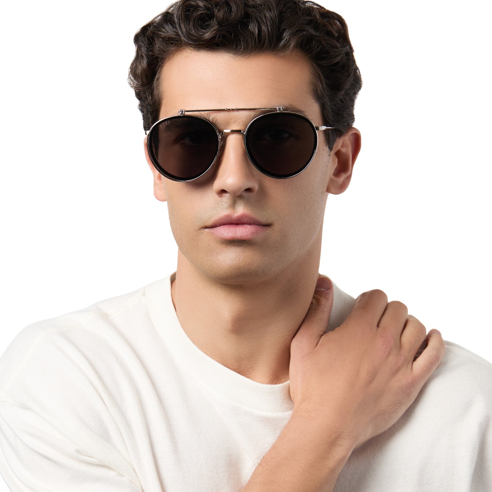 on model - male wearing on model - female wearing lifestyle - featuring star wars x diff eyewear the anakin podracer sunglasses with galactic brushed silver and space grey polarized lenses