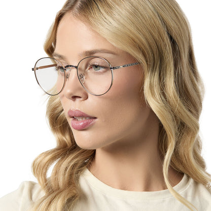 on model - female wearing star wars the phantom menace mace windu prescription glasses with a space oxidized steel frame angled view