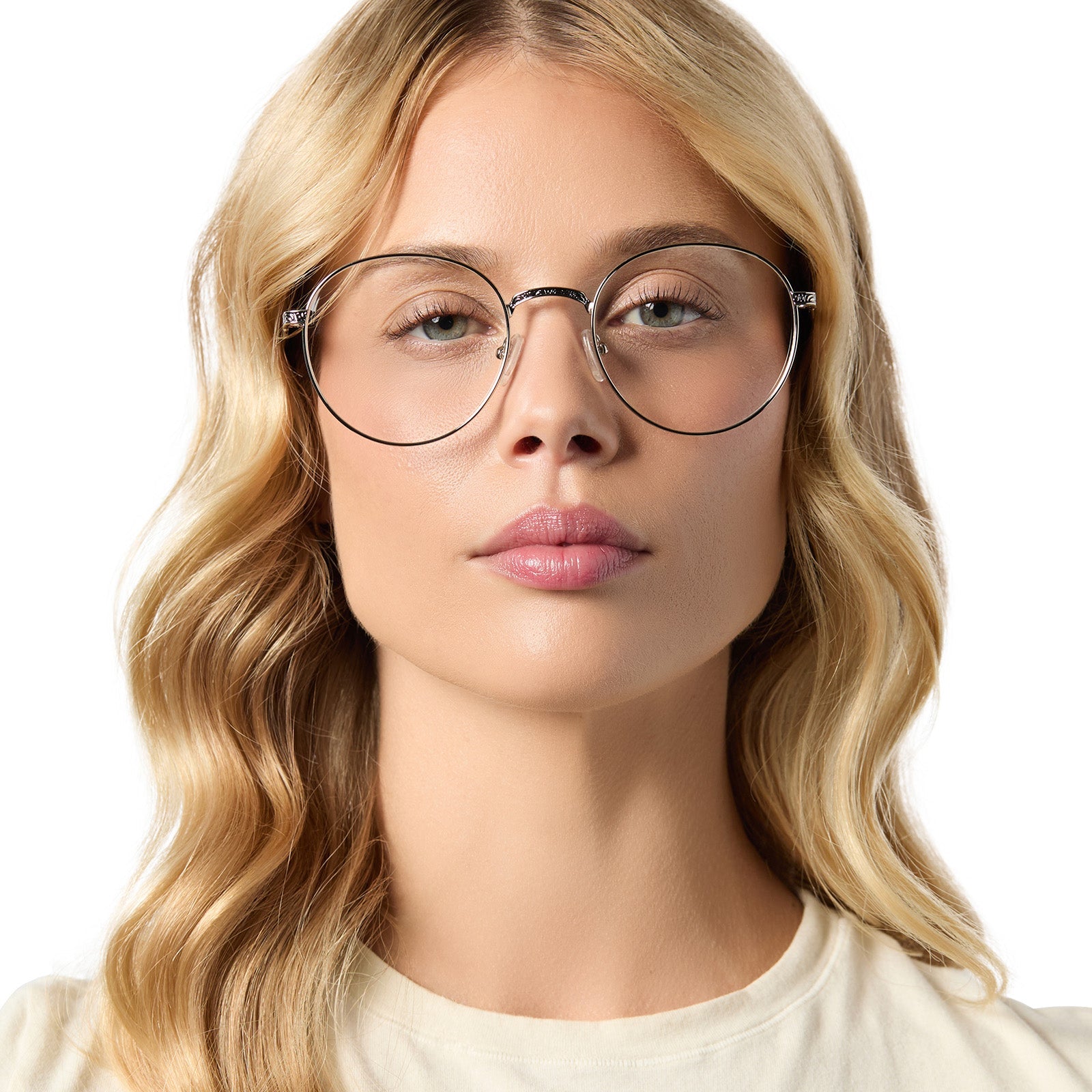 on model - female wearing star wars the phantom menace mace windu prescription glasses with a space oxidized steel frame front view