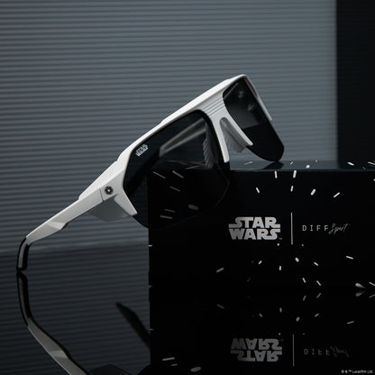lifestyle - star wars x diff sport stormtrooper sunglasses flat lay on top of diff sport box.