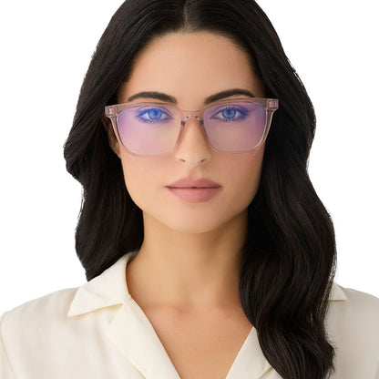 on model - female wearing diff eyewear featuring the alex square blue light readers with a light pink crystal frame front view