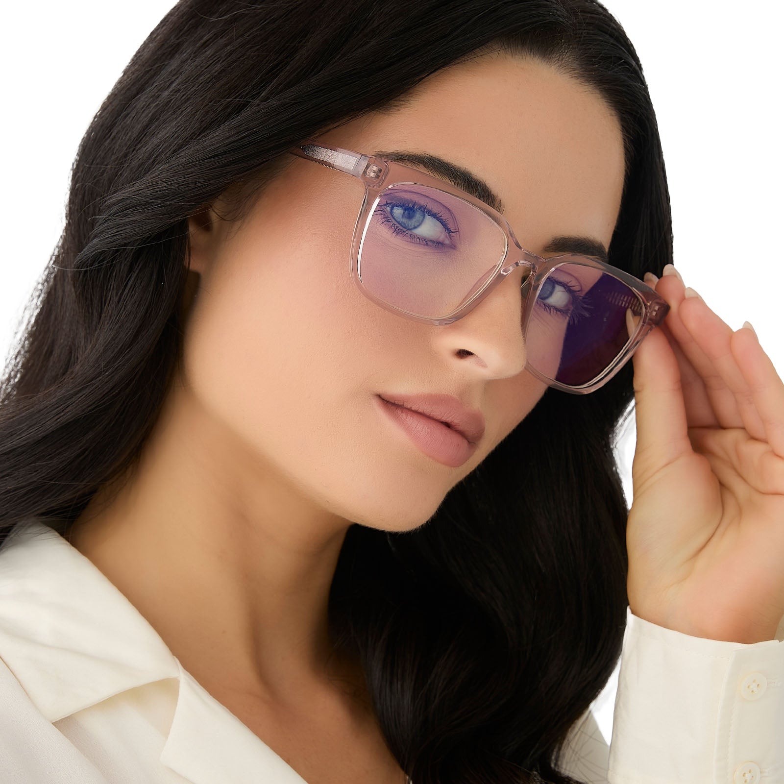 on model - female wearing diff eyewear featuring the alex square blue light readers with a light pink crystal frame side view