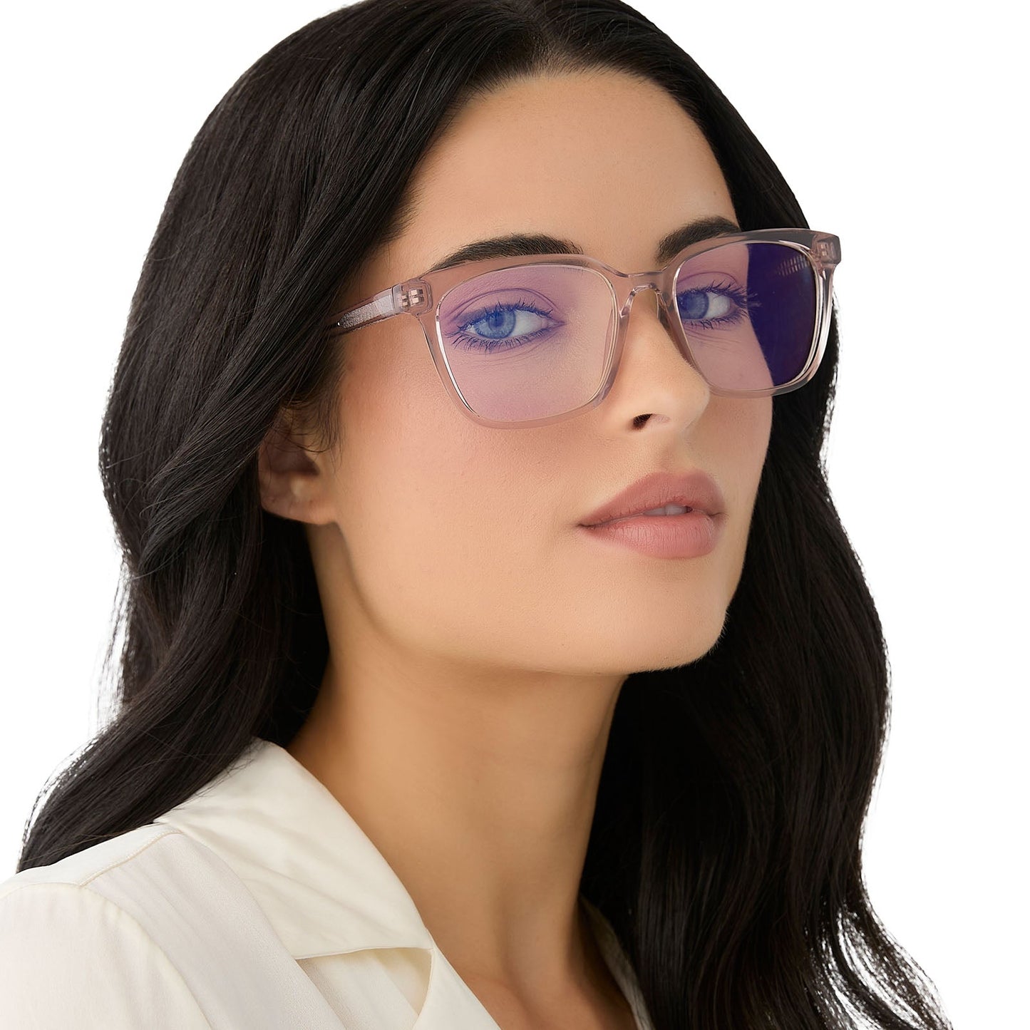 on model - female wearing diff eyewear featuring the alex square blue light readers with a light pink crystal frame angled view