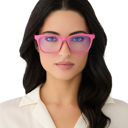 on model - female wearing diff eyewear featuring the alex square blue light readers with a peony pink frame front view