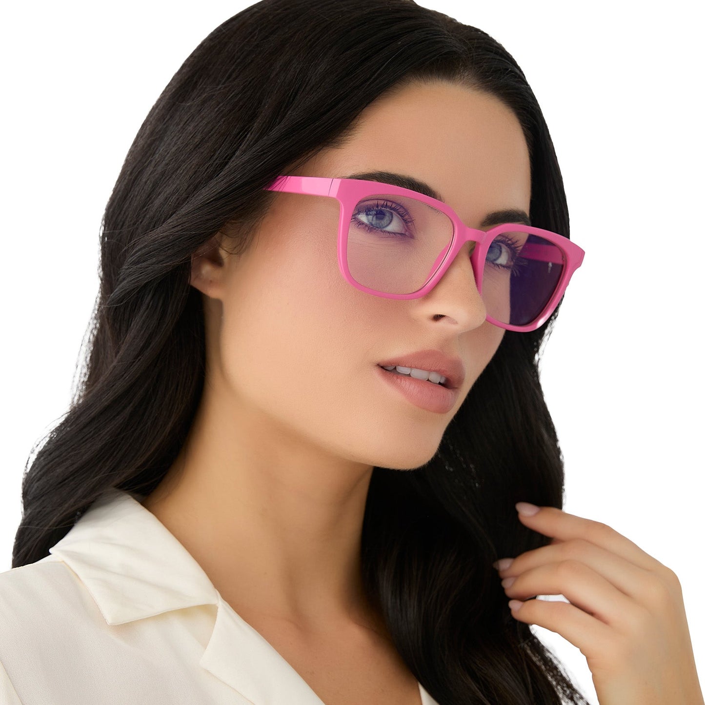 on model - female wearing diff eyewear featuring the alex square blue light readers with a peony pink frame side view