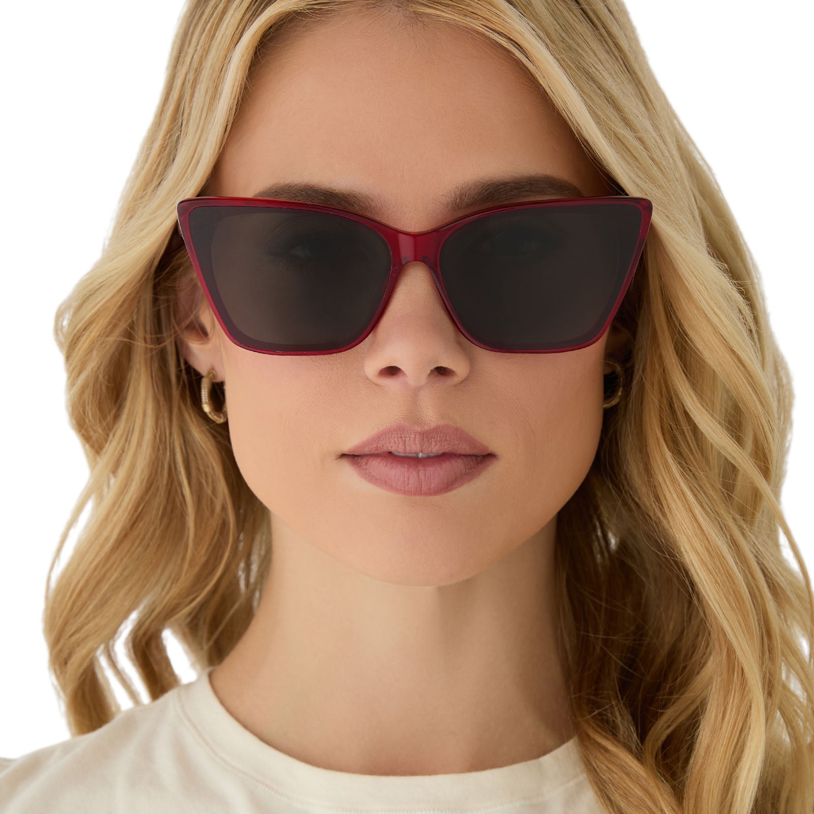 on model - female wearing diff eyewear featuring the alina cat eye sunglasses with a red hot summer frame and grey lenses front view