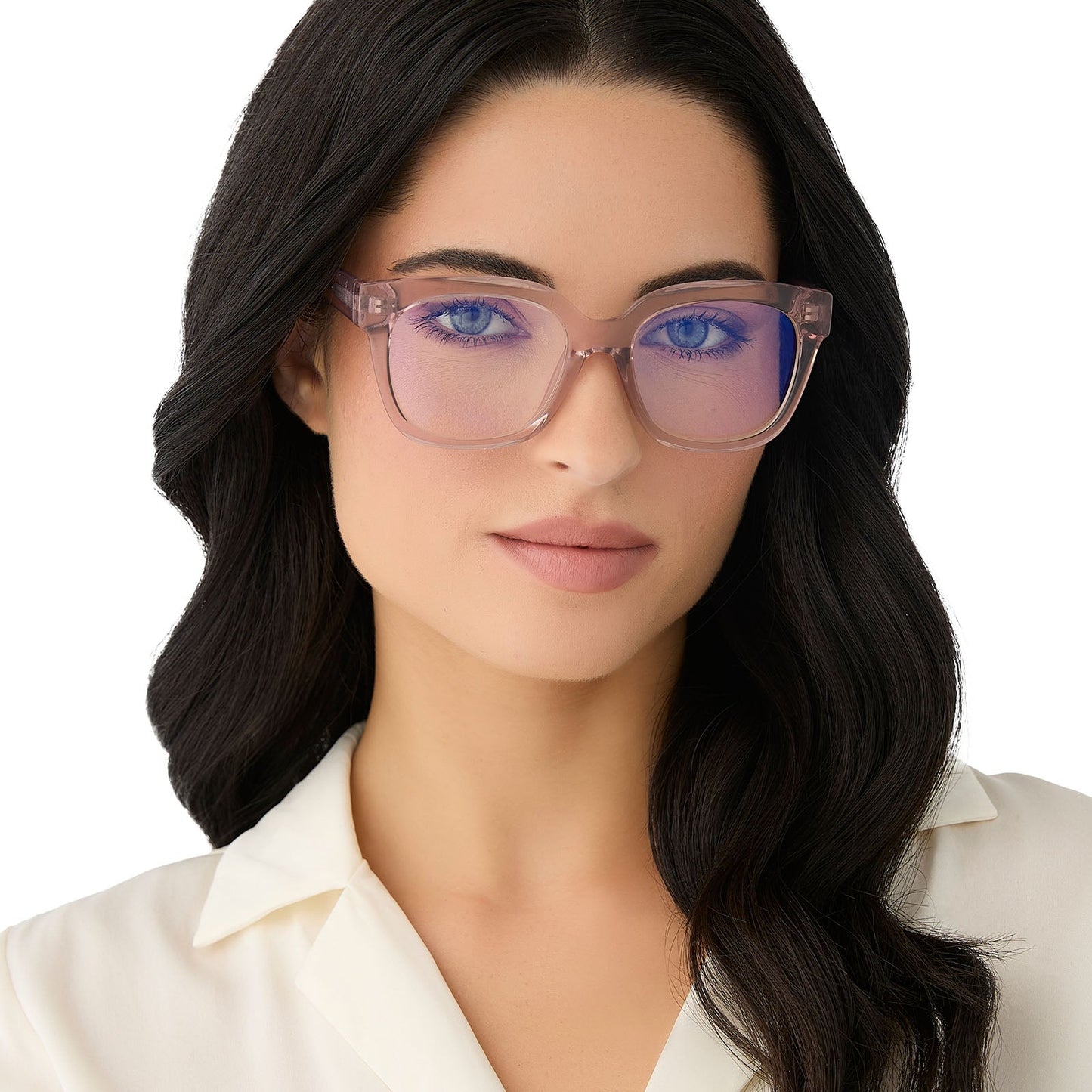 on model - female wearing diff eyewear featuring the ava square blue light readers with a light pink crystal frame front view