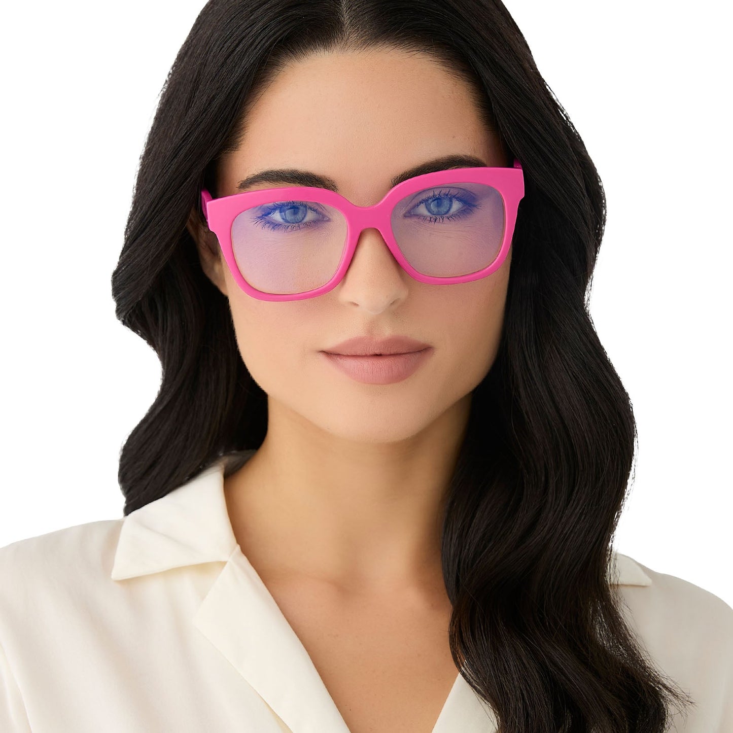 on model - female wearing diff eyewear featuring the ava square blue light readers with a peony pink frame front view