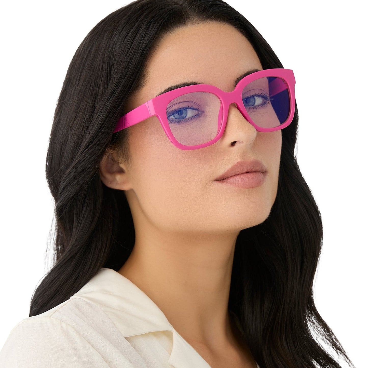 on model - female wearing diff eyewear featuring the ava square blue light readers with a peony pink frame angled view